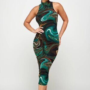 Emerald Orchid Swirl Bodycon Midi Dress